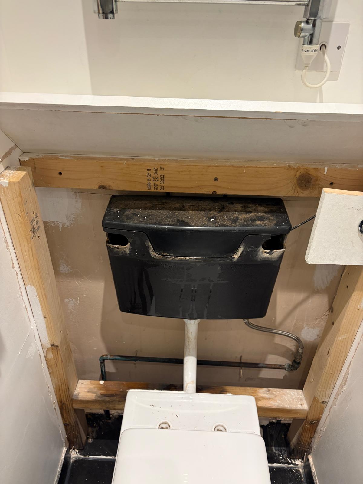 Exposed toilet cistern and pipework inside a timber frame, SW11